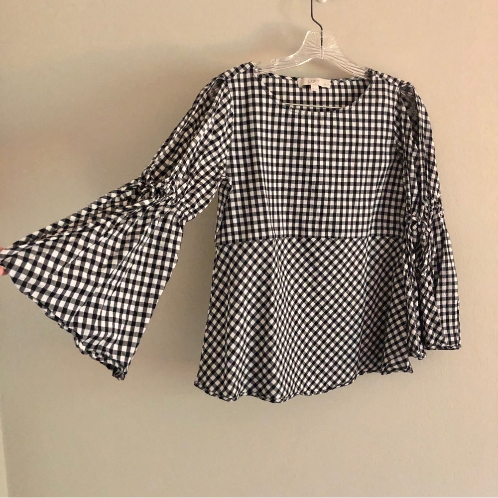LOFT Petite Black and White Trumpet Sleeve Cold Shoulder Gingham Blouse